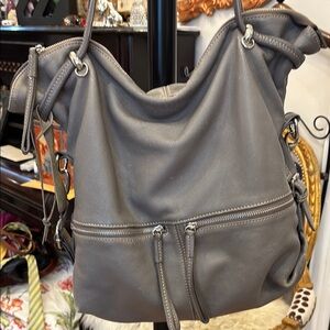 Gray Slouchy Shoulder Bag with Silver Hardware